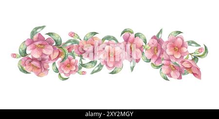 Più fiori di Camelia japonica con foglie verdi in acquerello. Floreale disegnato a mano con fiori rosa in fiore, composizione per carta da imballaggio, borse tote, inviti di nozze, cancelleria Foto Stock