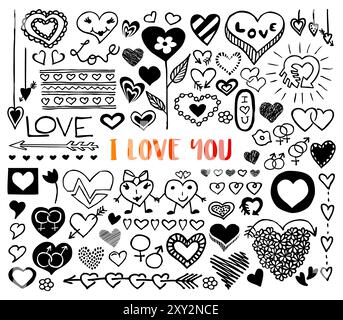 Doodle icone del cuore, frecce, fiori Illustrazione Vettoriale