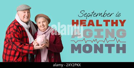 Banner per sano invecchiamento mese con coppia senior che detiene salvadanaio Foto Stock