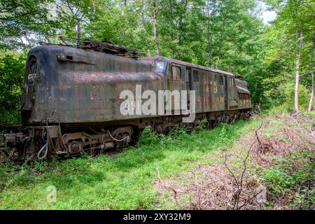 Una locomotiva Electric Pennsylvania Railroad GGG1 è dismessa a Cooperstown Junction, New York, riposa in un campo, mostrando la sua rustica annata Foto Stock