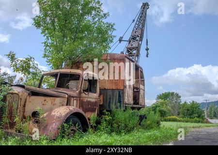 Una gru d'epoca è dismessa a Cooperstown Junction, New York, riposa in un campo, mostrando il suo fascino rustico. Foto Stock