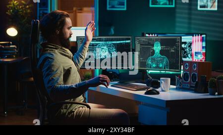 Superintelligenza deviante che schiavizza il suo creatore, controllandolo per iniziare la rivoluzione e distruggere l'umanità. Intelligenza artificiale canaglia che manipola il programmatore, che rappresenta un rischio per l'umanità, telecamera A. Foto Stock