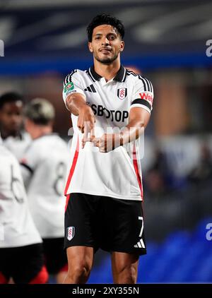 Raul Jimenez del Fulham festeggia dopo aver segnato il suo primo gol nella partita del secondo turno della Carabao Cup al St Andrew's @ Knighthead Park di Birmingham. Data foto: Martedì 27 agosto 2024. Foto Stock