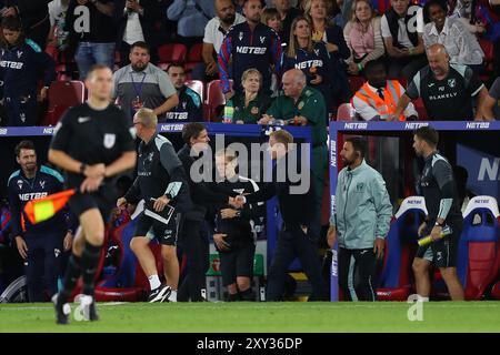 Selhurst Park, Selhurst, Londra, Regno Unito. 27 agosto 2024. Carabao Cup Second Round Football, Crystal Palace contro Norwich City; i manager post-partita stringono la mano tra il manager del Crystal Palace Oliver Glasner e il capo-allenatore del Norwich City Johannes Hoff Thorup. Credito: Action Plus Sports/Alamy Live News Foto Stock