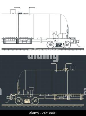 Illustrazioni vettoriali stilizzate dei progetti di un primo piano di una carrozza ferroviaria Illustrazione Vettoriale