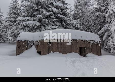 Vista invernale di una cabina di pilastri in cemento della seconda guerra mondiale, Repubblica Ceca Foto Stock