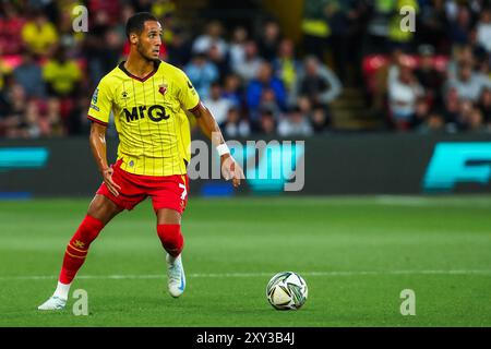 Tom Ince di Watford in azione durante la partita della Carabao Cup Watford vs Plymouth Argyle a Vicarage Road, Watford, Regno Unito, 27 agosto 2024 (foto di Izzy Poles/News Images) Foto Stock