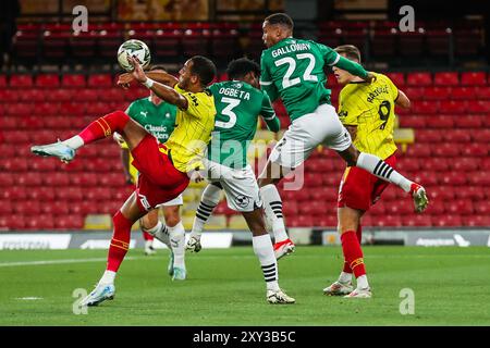 Tom Ince di Watford in azione durante la partita della Carabao Cup Watford vs Plymouth Argyle a Vicarage Road, Watford, Regno Unito, 27 agosto 2024 (foto di Izzy Poles/News Images) Foto Stock