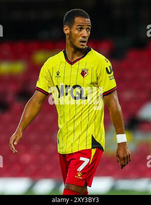 Tom Ince di Watford guarda durante la partita della Carabao Cup Watford vs Plymouth Argyle a Vicarage Road, Watford, Regno Unito. 27 agosto 2024. (Foto di Izzy Poles/News Images) a Watford, Regno Unito il 8/27/2024. (Foto di Izzy Poles/News Images/Sipa USA) credito: SIPA USA/Alamy Live News Foto Stock