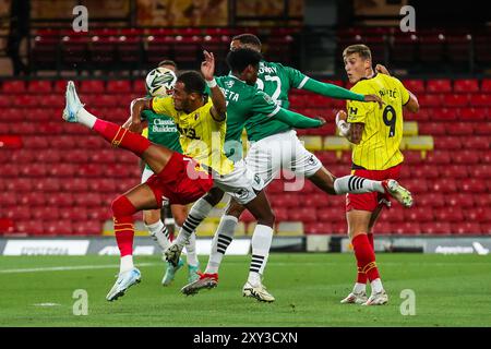Tom Ince di Watford in azione durante la partita della Carabao Cup Watford vs Plymouth Argyle a Vicarage Road, Watford, Regno Unito. 27 agosto 2024. (Foto di Izzy Poles/News Images) a Watford, Regno Unito il 8/27/2024. (Foto di Izzy Poles/News Images/Sipa USA) credito: SIPA USA/Alamy Live News Foto Stock