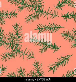Motivo senza cuciture con rami di ginepro. Illustrazione vettoriale monocromatica in stile incisione. Illustrazione Vettoriale