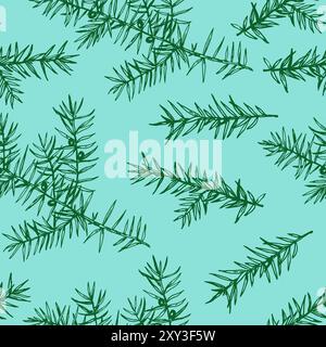 Motivo senza cuciture con rami di ginepro. Illustrazione vettoriale monocromatica in stile incisione. Illustrazione Vettoriale