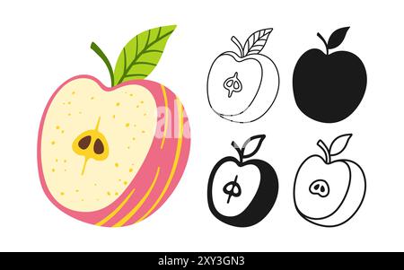 Set cartoni animati simbolo di mela. Succosa icona lineare mela mezza rosa. Frutta piatta tritata a mano astratta. Firma grafica semplice, simpatica e lineare per i bambini. Illustrazione grafica grafica di tendenza della clipart vettoriale Illustrazione Vettoriale