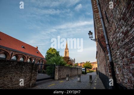 Sentiero acciottolato che conduce alla Chiesa di nostra Signora - Bruges, Belgio Foto Stock