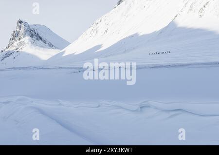 Un gruppo di sciatori nella valle di Stuor Reaiddavaggi, Kebnekaisefjaell, Norrbotten, Lapponia, Svezia, marzo 2013, Europa Foto Stock