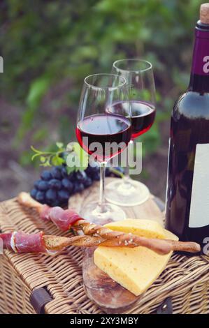 Due bicchieri di vino rosso con pane, carne, uva e formaggio sulla vigna sfondo Foto Stock