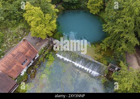 Blautopf Blaubeuren con monumento industriale Hammerschmiede, sorgente del piccolo fiume Blau in un paesaggio con foresta. Primavera carsica, geotopo e geo Foto Stock