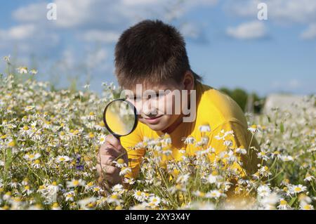 Il ragazzo vede i fiori attraverso la lente d'ingrandimento Foto Stock