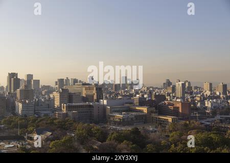 Osaka, Giappone, 10 dicembre 2014: Fotografia dello skyline di Osaka presa dal castello, Asia Foto Stock