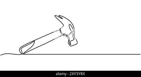 disegno continuo di un martello su una linea. Vettoriale, martello bianco e nero, disegno continuo su una linea della linea internazionale del giorno lavorativo Illustrazione Vettoriale