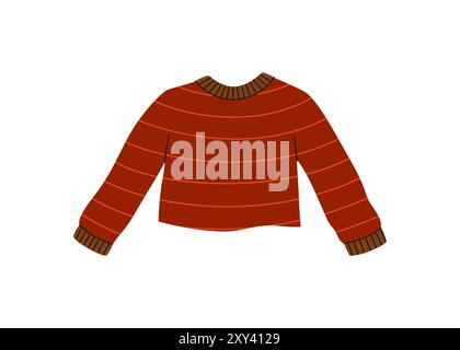 Felpa rossa autunnale con design a righe. Autunno accogliente. Illustrazione piatta vettoriale. Vestiti per maglieria Illustrazione Vettoriale
