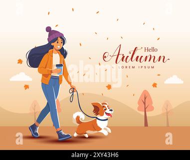 Ciao Autunno. giovane ragazza che cammina con il cane. Disegno dell'illustrazione vettoriale astratta dei cartoni animati Illustrazione Vettoriale