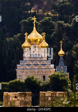 La bella , cipolla a forma di cupola , chiesa russa ortodossa di Maria Maddalena sulle pendici del Monte degli Ulivi di Gerusalemme. Foto Stock