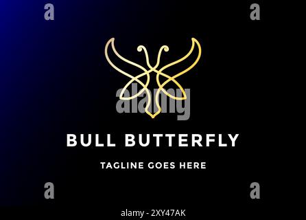 Design semplice e minimalista con logo monogramma Golden Bull Head Butterfly Line Illustrazione Vettoriale