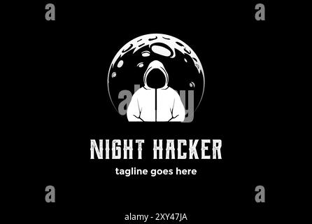 Dark Night Moon con Mysterious Man for hacker Logo Design Illustrazione Vettoriale
