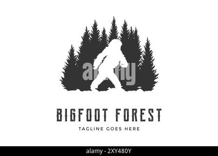 Foresta di alberi di cipresso di cedro di pino Evergreen Conifer con logo Bigfoot Monster silhouette Illustrazione Vettoriale