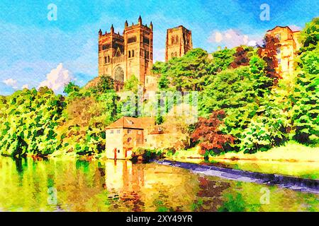 Durham Cathedral e Old Fulling Mill, sulle rive del fiume, indossate in una giornata di primavera di sole, County Durham, Regno Unito, acquerello, acquerello Foto Stock