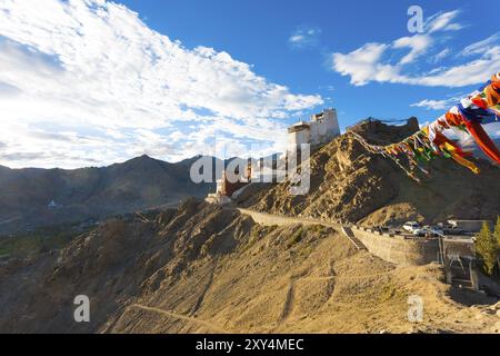 Tsemo Fort e Namgyal Tsemo Gompa sulla cima di una montagna sopra Leh e Valle di Nubra su un giorno di estate in Ladakh, India. Posizione orizzontale Foto Stock