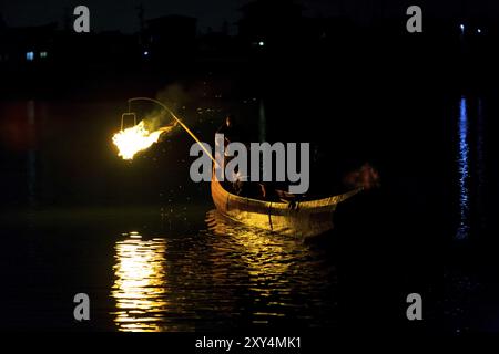 Inuyama, Giappone, 5 luglio 2015: Il fuoco notturno viene utilizzato per aiutare gli uccelli cormorani a pescare pesci in una forma tradizionale di pesca giapponese, ukai con la luce del fuoco su Kis Foto Stock