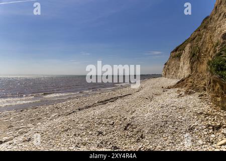 Costa del Mare del Nord con la spiaggia di ghiaia e scogli dei danesi Dyke vicino a Bridlington, East Riding of Yorkshire, Regno Unito Foto Stock