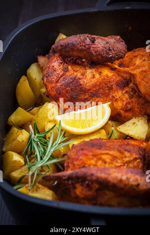 Delizioso maiale arrosto con patate e verdure Foto Stock