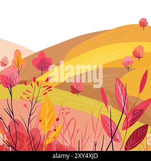 Una serie di poster verticali con cartoline autunnali. Colline paesaggistiche. Bella casa. Invito alla vendita. Copertina di riviste e libri. Illustrazione Vettoriale