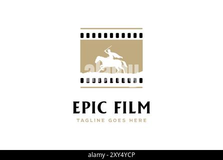 Film Strip Reel Horse Knight silhouette Medieval Warrior Horseback Bring War Sword for Epic Colossal Movie Production Logo Design Vector Illustrazione Vettoriale