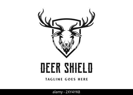 Cervo cervo cervo buco renna Elk Antler Wall and Shield for Protect Hunting Logo Design Vector Illustrazione Vettoriale