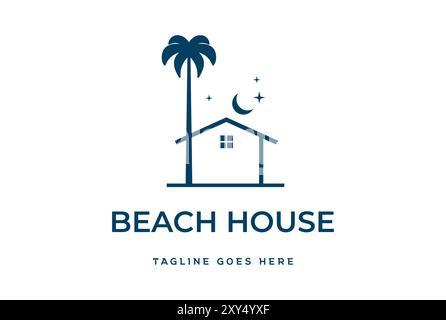 Semplice e minimalista palme di cocco Beach con Cabin Cottage Villa Inn House Logo Design Illustrazione Vettoriale