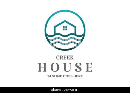 Circular Circle Water Beach Lake River Creek House Cabin Cottage Villa Chalet Design Vector Illustrazione Vettoriale