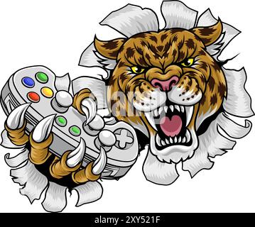 Mascotte Jaguar Leopard Cheetah Panther Gamer Illustrazione Vettoriale