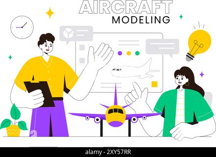 Modellazione di aeromobili e creazione di un'illustrazione vettoriale con assemblaggio o verniciatura di un modello di aereo enorme come una replica di un esistente sullo sfondo Illustrazione Vettoriale