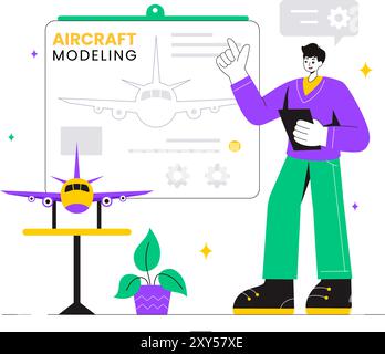 Modellazione di aeromobili e creazione di un'illustrazione vettoriale con assemblaggio o verniciatura di un modello di aereo enorme come una replica di un esistente sullo sfondo Illustrazione Vettoriale