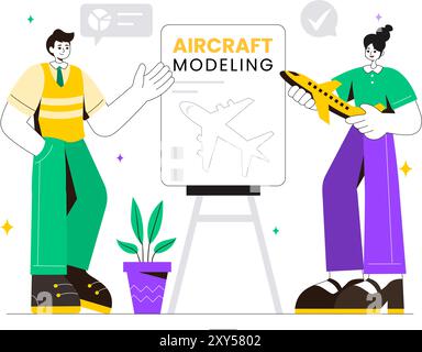 Modellazione di aeromobili e creazione di un'illustrazione vettoriale con assemblaggio o verniciatura di un modello di aereo enorme come una replica di un esistente sullo sfondo Illustrazione Vettoriale