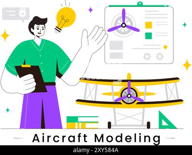 Modellazione di aeromobili e creazione di un'illustrazione vettoriale con assemblaggio o verniciatura di un modello di aereo enorme come una replica di un esistente sullo sfondo Illustrazione Vettoriale