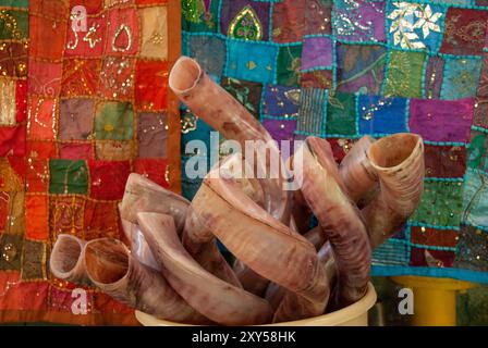 Cesto pieno di lunghi shofar ricci scolpiti dalle corna di un'antilope kudu e utilizzati nel rispetto della festa del capodanno ebraico di Rosh Hash Foto Stock