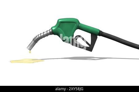 Ultime gocce di benzina che fuoriescono dall'ugello di una stazione di servizio. Illustrazione isolata su sfondo bianco Foto Stock