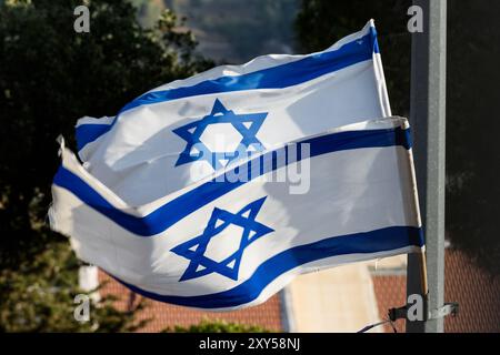 Coppia di bandiere israeliane blu e bianche montate su un palo di metallo e che fluttuano nel vento. Foto Stock