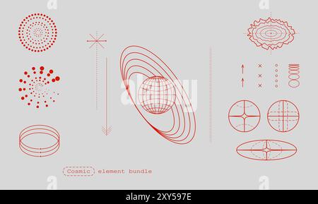 Forme geometriche e modelli relativi a elementi cosmici, sfera che rappresenta il pianeta e varie linee e curve che simboleggiano corpi celesti Illustrazione Vettoriale