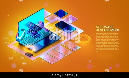 Web design, sito Web creare un concetto isometrico. Sviluppo software, banner di progettazione Web. Computer portatile, telefono con layout del sito Web. Tecnologia di sviluppo del sito Illustrazione Vettoriale